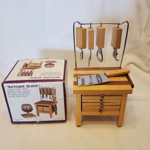 Butcher Block Vintage 1978 Enesco Coaster Set With Various Bar Tools